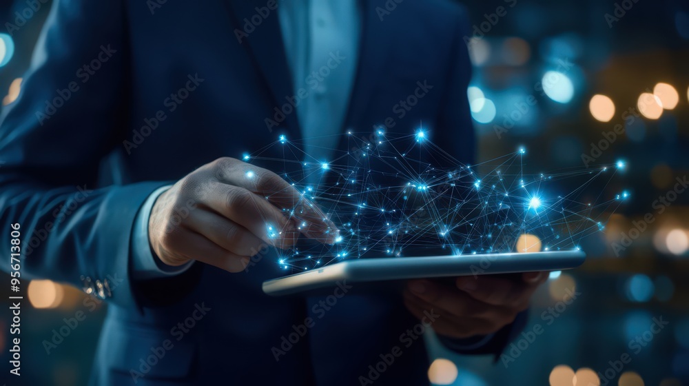 Poster a businessman uses digital tablets to enhance crm, connecting with customers through advanced networ