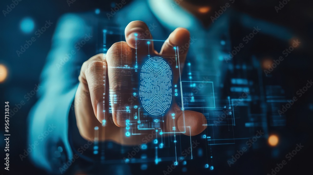 Poster a businessman uses fingerprint scanning to unlock and access a secure network, ensuring data privacy