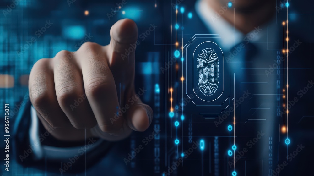 Poster a businessman uses fingerprint scanning to unlock and access a secure network, ensuring data privacy