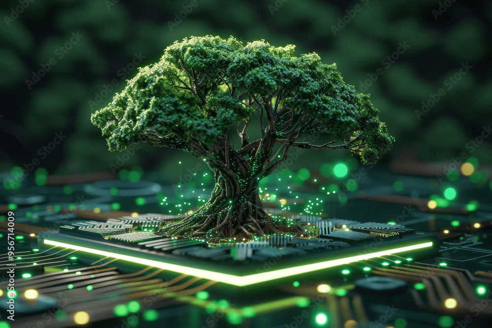 Poster tree growing from computer chip nature and technology fusion futuristic scene