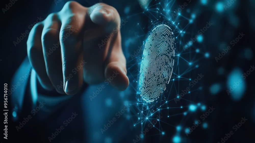 Poster a businessman uses fingerprint scanning to unlock and access the secure data network, protecting pri