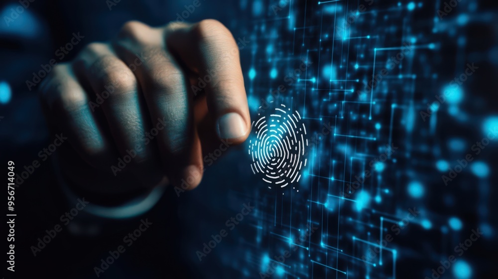 Poster a businessman uses fingerprint scanning to unlock and securely access the network's private data