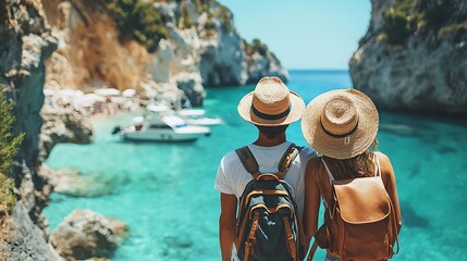 A couple in straw hats gaze at the stunning turquoise waters of Greece.