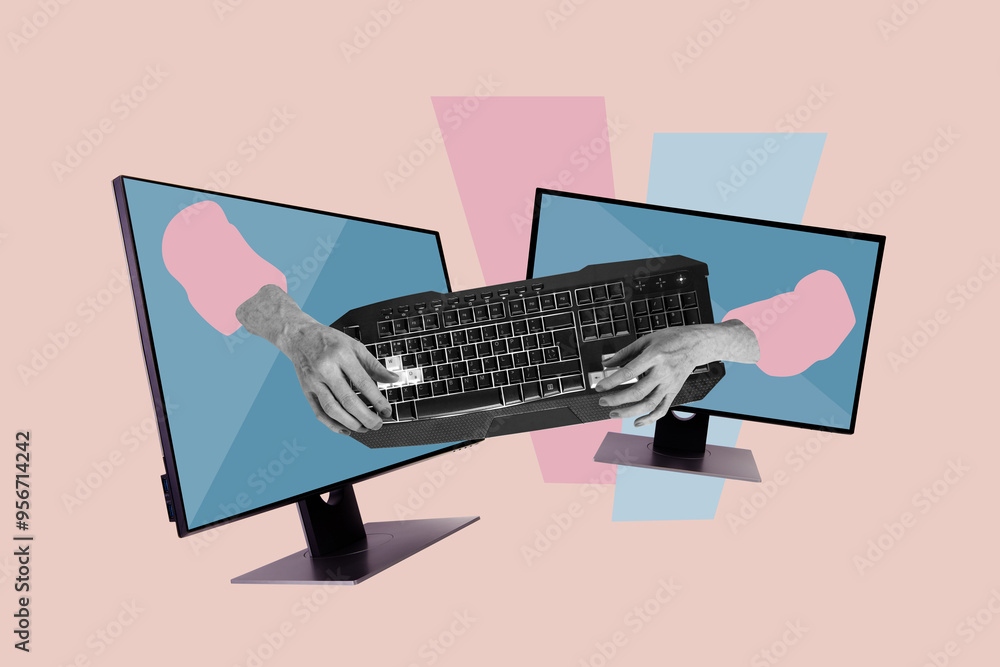 Poster creative collage image computer screen monitor keyboard typing digital device gadget hands body frag