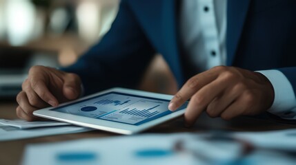 A businessman uses his tablet to delve into sales data and financial reports, tracking business growth charts.