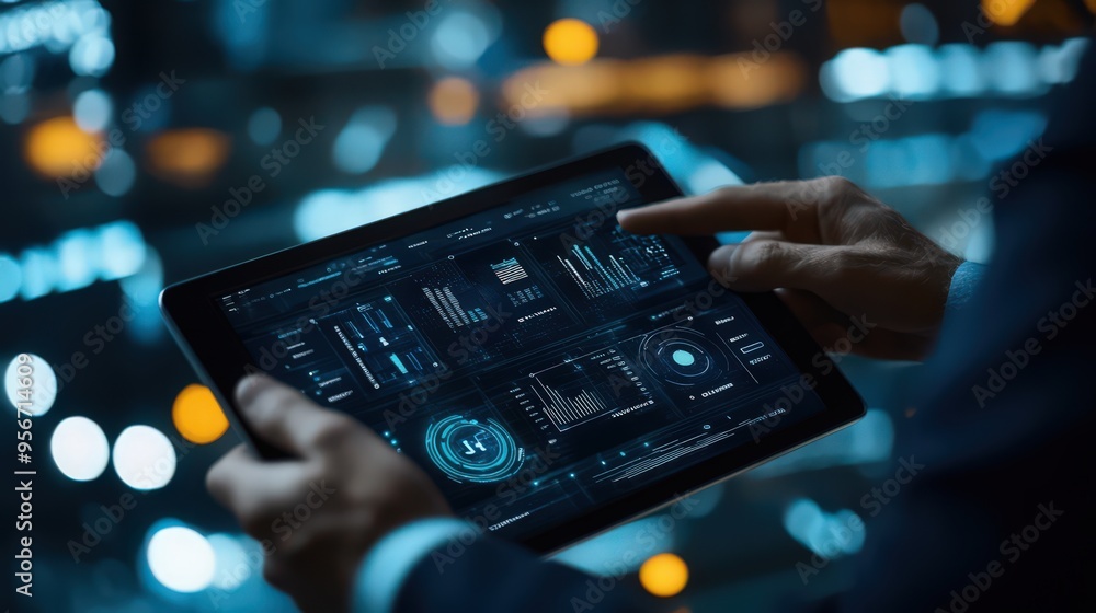 Aufkleber digital tablet showcases blockchain technology and data encryption, with ai optimizing data science 