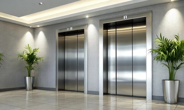 A well-lit elevator lobby showcases sleek metallic elevators and lush plants, creating a welcoming atmosphere in a contemporary corporate setting