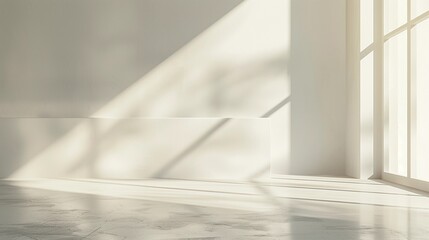 Minimalist Abstract White Background with Soft Shadows and Light Reflections, Ideal for Product Display or Advertising Backdrop in a Studio Setting.