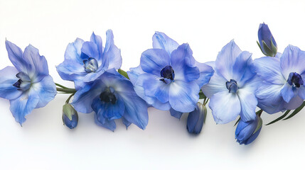 A Close-up of blue Delphinium flowers Isolated on white background.
