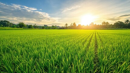 Obraz premium A vibrant scene of a well-maintained rice paddy with rows of green plants stretching towards a bright, clear sky, with the sun shining overhead