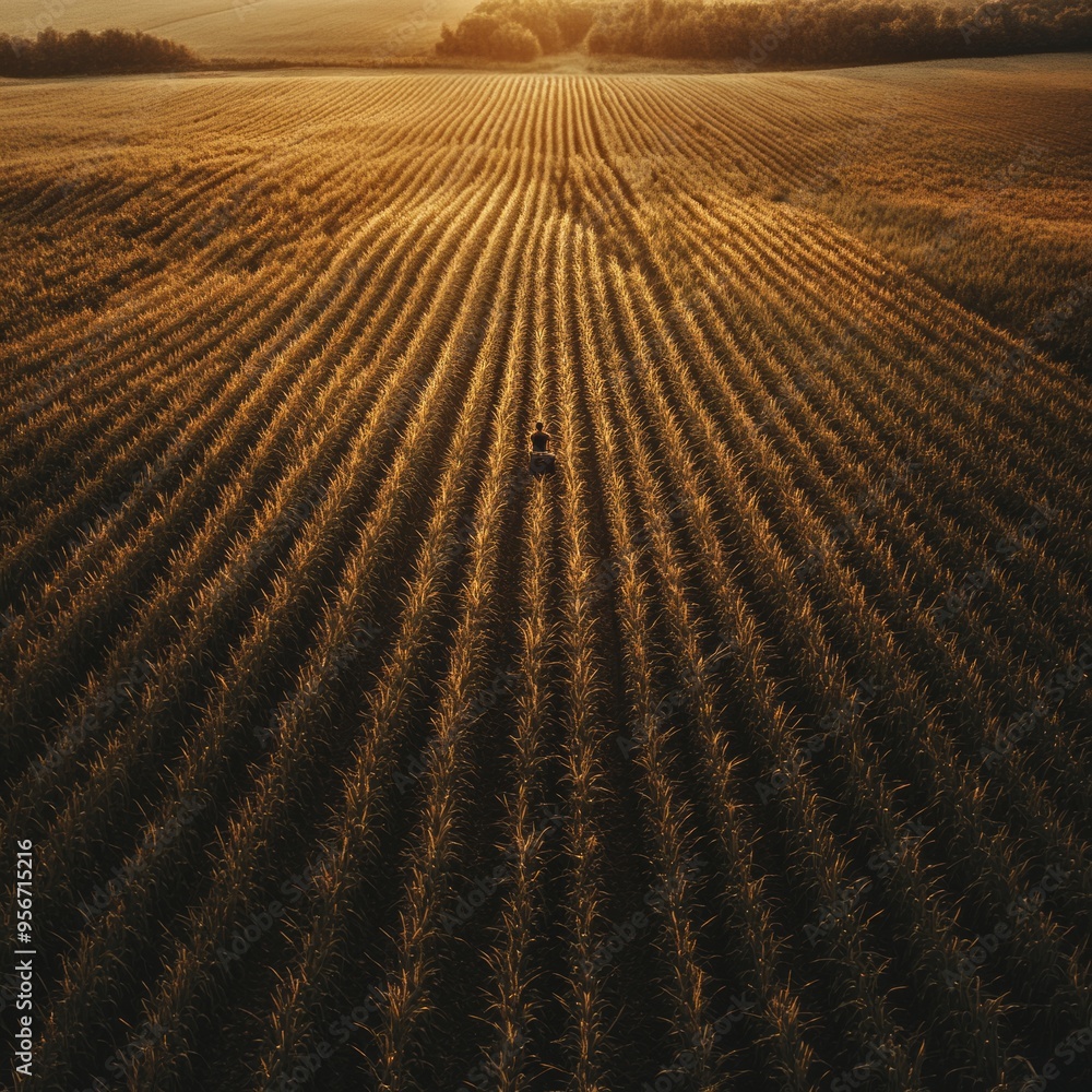 Wall mural Aerial view of a cornfield at sunset with a lone figure walking through the rows.