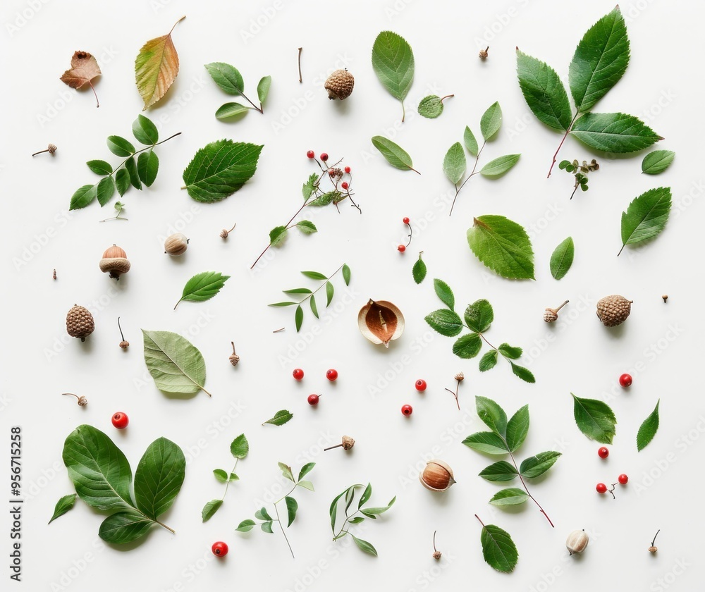 Poster a flat lay of various green leaves and nuts artfully arranged on a white background the natural elem