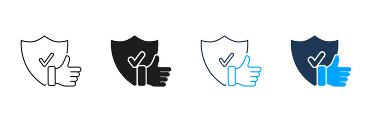 Protection And Safety Line and Silhouette Icon Set. Thumb Up And Shield Pictogram, Safe Service Concept. Good Choice Symbol. Approved Security Sign. Editable Stroke. Isolated Vector Illustration