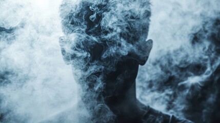 Mysterious silhouette obscured by swirling smoke at twilight