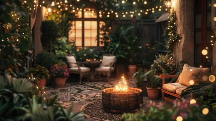 A firepit set in a charming courtyard, surrounded by lush plants and twinkling fairy lights,