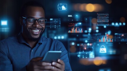 A smiling man using a smartphone with digital graphs and icons, illustrating technology, data, and communication innovations.