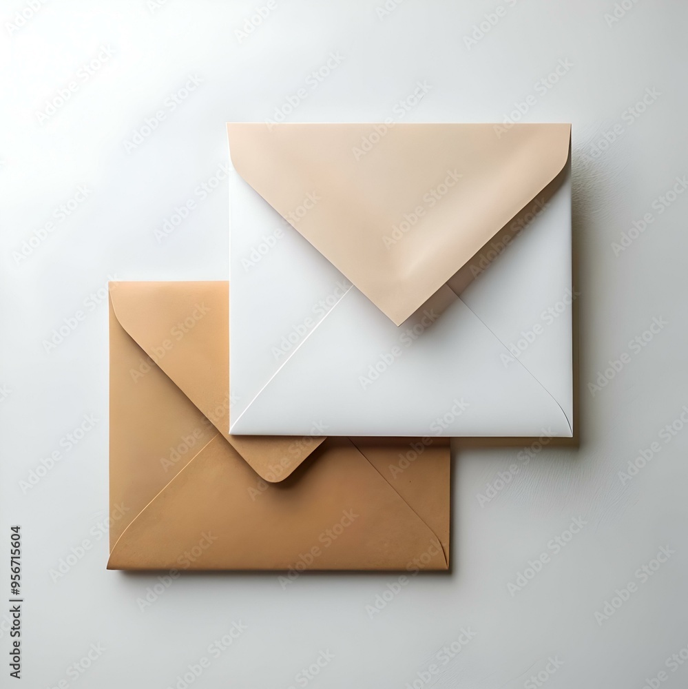 Poster a simple yet elegant image of two envelopes. one white and one brown. arranged on a plain white back