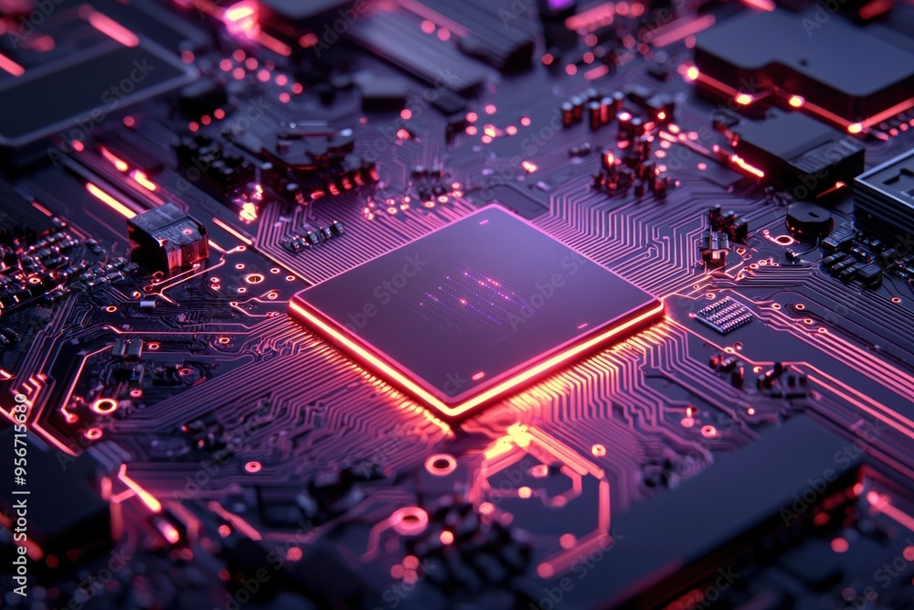Poster glowing circuit board with a central processor