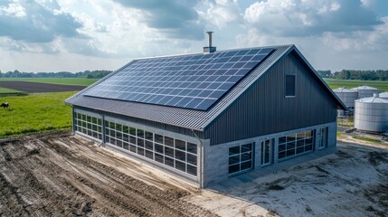 Obraz premium Modern house with solar panels on the roof in a rural area
