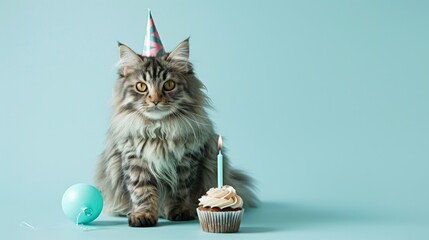 A cute fluffy cat wearing a colorful party hat celebrates with a delightful cupcake. The blue background adds a joyful touch. Perfect for birthday themes and pet lovers. AI.