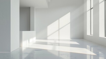 Obraz premium Minimalist Abstract White Background with Soft Shadows and Light Reflections, Ideal for Product Display or Advertising Backdrop in a Studio Setting.