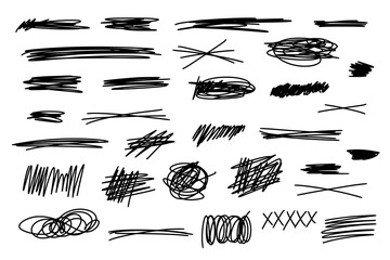 Set of hand drawn horizontal marker lines, stripes, brush strokes, strikethroughs, underlines, stripes, spots. Vector illustration of textured scribbles in black on white isolated background.