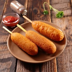 Corndog or corn dog is a american sausage baked in corn flour served with ketchup
