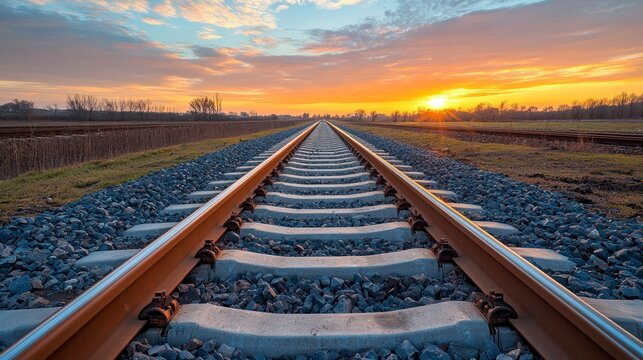 Empty railway tracks leading into the sunset