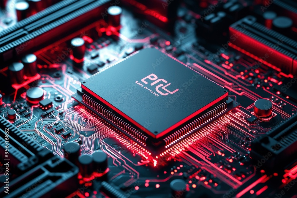 Poster red-lit cpu processor on a motherboard