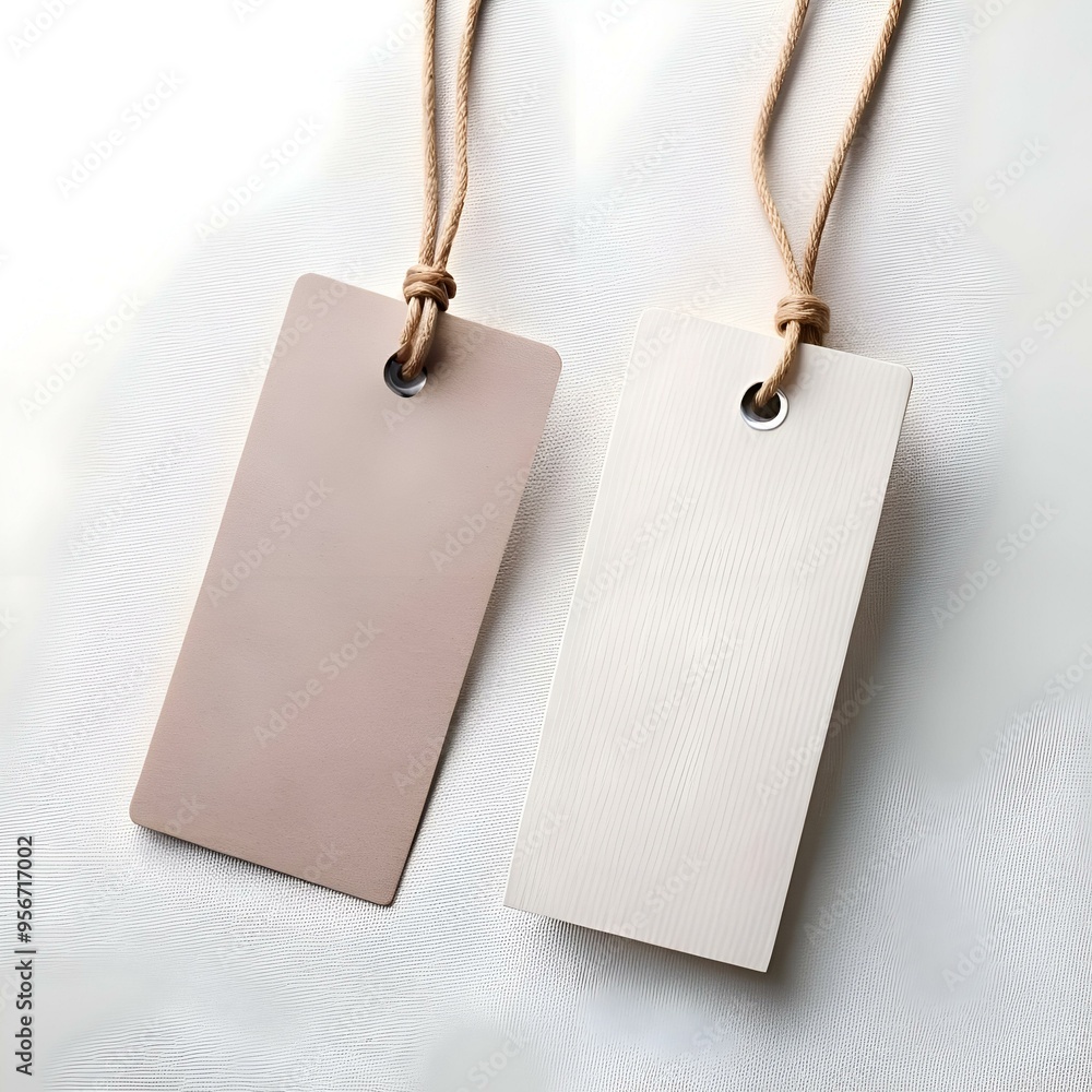 Poster two blank paper tags with twine. perfect for adding your own text. logo. or design.