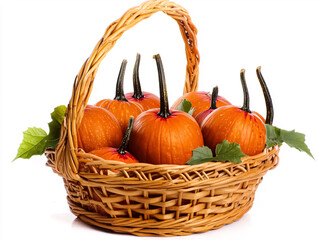 Wicker basket with pumpkins and leaves isolated on white background.