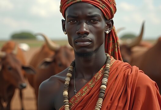 Stunning Dark-skinned Dinka Youth in Traditional Attire at a Cattle Camp - High-Resolution Cinematic Portrait 