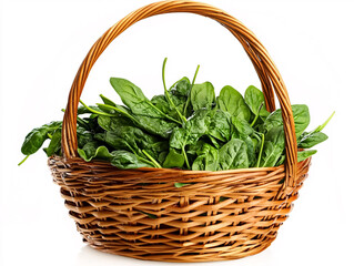 Naklejka premium Basket of fresh spinach isolated on white background. Healthy food concept.