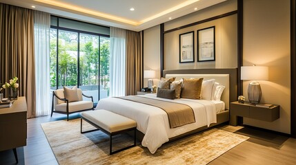 Bright and airy bedroom in a modern Bangkok home with neutral tones and contemporary furnishings, perfectly staged for a real estate market presentation