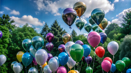 Colorful balloons in various shades floating against a vibrant green forest backdrop under a cloudy sky