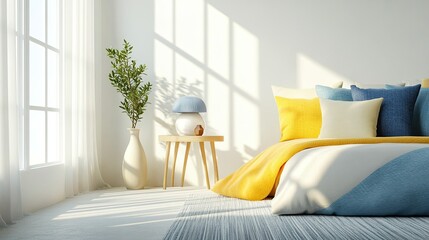 Bright and airy bedroom interior with colorful yellow and blue pillows, a soft carpet, and a side table with a modern lamp, exuding comfort and style