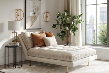 Fototapeta premium Sleek modern light beige velvet chaise lounge with gold legs, black metal side tables, white carpet, plants, and framed artwork in a bright, contemporary living room.