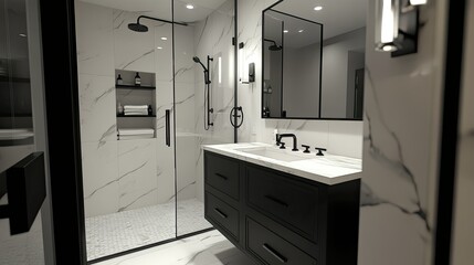 Chic bathroom interior with black matte fixtures, a walk-in rain shower, and a custom vanity with a marble top and ample storage space