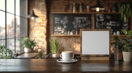 Blank white board, latte on counter, chic cafe interior, warm ambiance, 8K HD