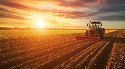 Fototapeta premium Vibrant sunset over a farmer field with tractor and crops, capturing rural life and hard work under golden light