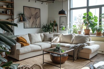 Obraz premium Sleek modern L-shaped sofa bed in light beige with industrial metal coffee table and glass top, black lighting, and pastel accents in minimalist living room.