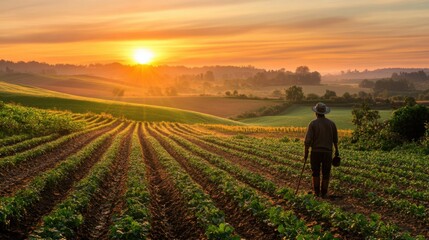 Fototapeta premium Early morning farmer tending crops with sunrise in the background, vibrant farm fields, fresh dew on plants, rural landscape