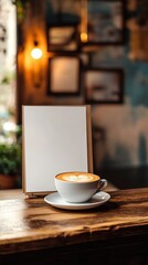 Fototapeta premium Blank white board, latte on counter, chic cafe interior, warm ambiance, 8K HD