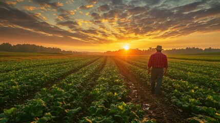 Fototapeta premium Early morning farmer tending crops with sunrise in the background, vibrant farm fields, fresh dew on plants, rural landscape