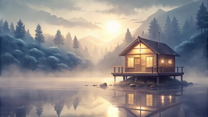 Fototapeta premium A Secluded Cabin on a Misty Lake at Sunset