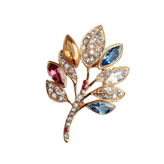 Elegant leaf-shaped brooch adorned with colorful gemstones and crystals, perfect for adding a touch of sophistication to any outfit.