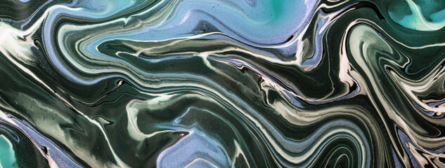 Abstract fluid art background black and blue colors. Liquid marble. Acrylic painting with gray gradient.