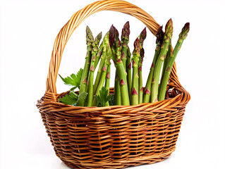 Basket with fresh green asparagus on white background. Isolated