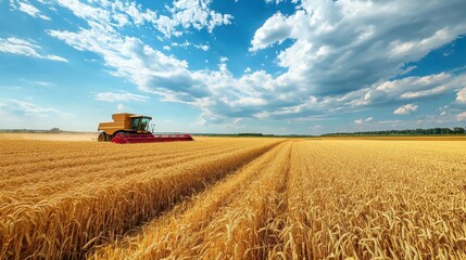 Obraz premium Traditional rural farm with combine harvester collecting golden wheat on a clear blue sky day surrounded by nature
