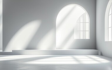 Minimalist Abstract White Background with Soft Shadows and Light Reflections, Ideal for Product Display or Advertising Backdrop in a Studio Setting.